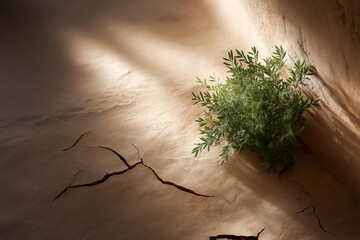 Lone Green Seedling Sprouting from Dry Earth with Dramatic Lighting