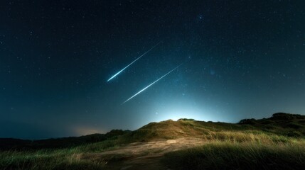 The night sky is filled with stars and a trail of shooting stars