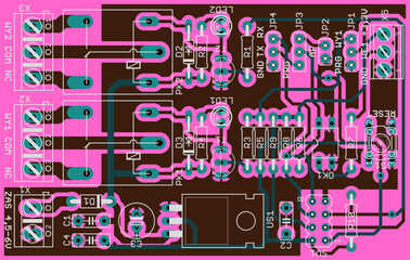 Vector printed circuit board of electronic 
device with components set of radio elements, 
conductors and contact pads placed on pcb. 
Engineering technic drawing. Electric background.
Cad design.