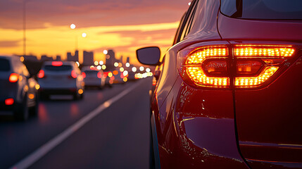A red car's taillight glows du heavy traffic on a city highway at sunset casting long shadows behind.