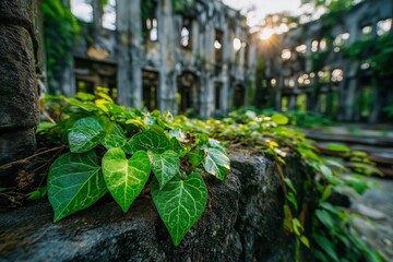 Lush Green Vines Climbing Over Ruins with Sunlight Glowing in the Background