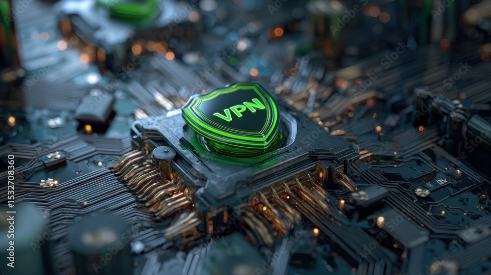 Poster a computer chip with a green shield on it that says vpn