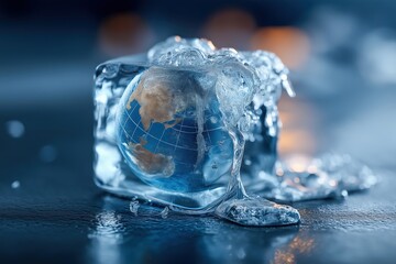 Miniature Globe Encased in Melting Ice Cube on Dark Reflected Surface