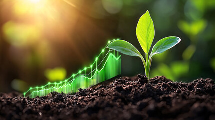 A small plant grows from the soil with a glowing green upward trend graph overlaid on the image concept.