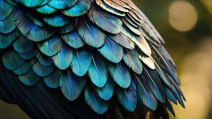 Fototapeta premium Striking plumage: iridescent feather texture with vibrant turquoise and teal hues