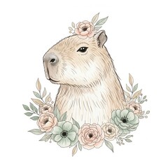 Charming nursery art of a sweet capybara with a floral wreath, rendered in a soft, gentle watercolor style on a white background
