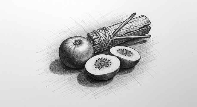 Detailed sketch of an apple and cross-section of a kiwi beside tied sticks on a textured background