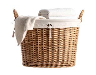 Wicker laundry basket with white towels and soft blanket  isolated on transparent or white background	
 