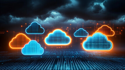 Digital cloud computing network illuminated against a stormy sky representing modern technology concept.