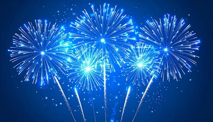 Fototapeta premium Bright blue firework explosions with sparkling stars - multiple firecracker bursts radiating in night sky. Realistic 3D luminous light effect composition on dark background for festive event
