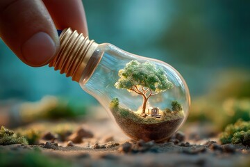 Small Tree Growing Inside Glass Light Bulb on Natural Background