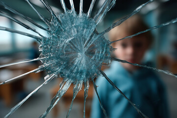 Zerbrochenes Glas mit Rissen und Sprüngen vor unscharfem Hintergrund mit Kind als Täter