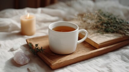 A serene scene unfolds with a steaming cup of tea beside a flickering candle on a wooden tray, inviting you to embrace a moment of quiet contemplation, and comforting ambiance.