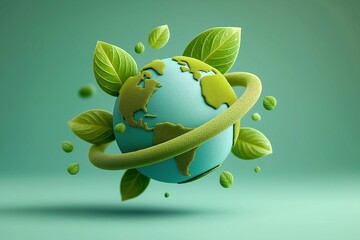 Stylized Earth Globe Surrounded by Green Leaves and Organic Elements on Soft Turquoise Background