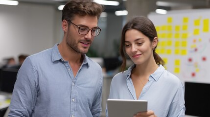 In a modern office setting, a focused man and woman collaborate, studying a digital tablet with a focused expression.
