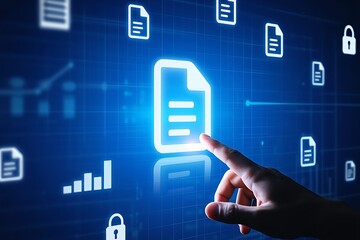 Finger touching document icon on digital screen with data and security symbols