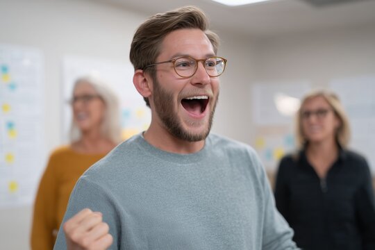 A man with glasses and a beard expresses his excitement and happiness with a joyful expression and a raised fist.  The background suggests a collaborative workspace. 