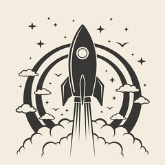 Stylized Black Rocket Ship Launching into Space A Vintage Illustration