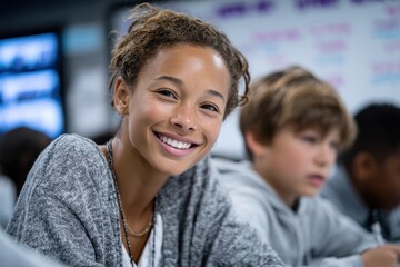 A young student shares a joyful moment in a classroom setting, capturing the excitement and engagement of learning alongside classmates in an interactive environment.