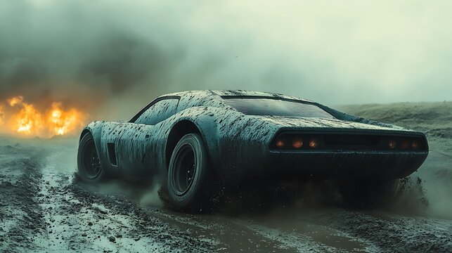 Fototapeta Mudsplattered car fleeing fire.