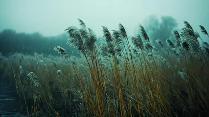 Atmospheric landscape with winter reeds in fog, moody nature scene with grass. Winter nature background. Tranquil misty scene. - Powered by Adobe