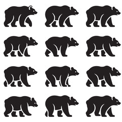 Twelve Black Bear Silhouettes Walking Growing Stages Wildlife Animal Graphic Design Elements
