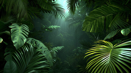 Lush green foliage filters sunlight creating a serene and vibrant atmosphere in the tropical jungle.