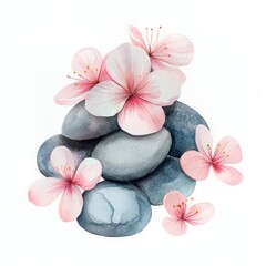 Watercolor depiction of smooth gray stones adorned with delicate pink blossom flowers