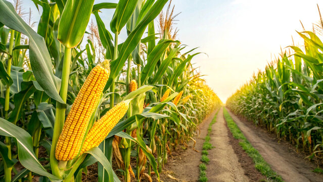 Corn field during in sunny day in the blue sky background