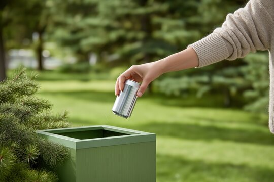 Top View of a Person Dropping a Crushed Aluminum Can into a Green Recycling Bin Outdoors