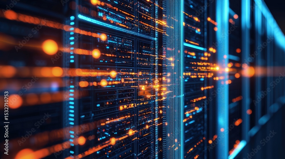Aufkleber futuristic data center with glowing blue racks and streaming orange light particles, symbolizing hig