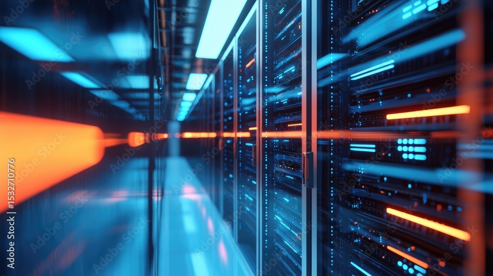 Poster Futuristic server corridor with glowing blue racks and fast red light trails, depicting high-speed data flow, cloud computing, and advanced digital infrastructure systems