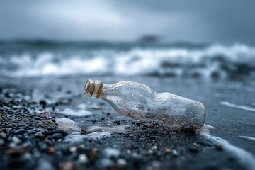 Transparent Plastic Bottle Surrounded By Ocean Waves On A Gloomy Beach