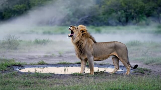 Roaring Lion Walking Through African Savannah