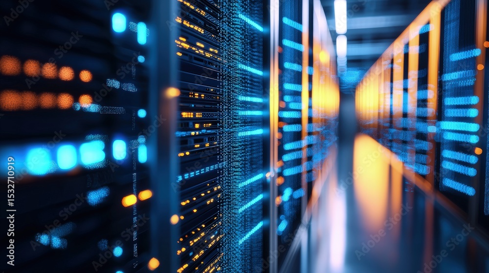 Poster High-tech server corridor with glowing blue and orange lights on data racks, showcasing cloud computing, advanced digital infrastructure, and real-time network processing