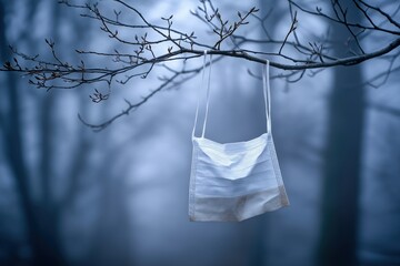 Used Disposable Face Mask Hanging on a Branch in a Foggy Forest
