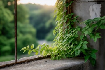 Vibrant Green Vines Cascading from Old Window Frame with Soft Sunrise Light
