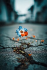 Vibrant Wildflowers Growing Through Cracks on a Sidewalk in a Urban Environment