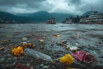 Wide Angle View of Heavily Polluted River with Debris and Flowers Under Overcast Sky