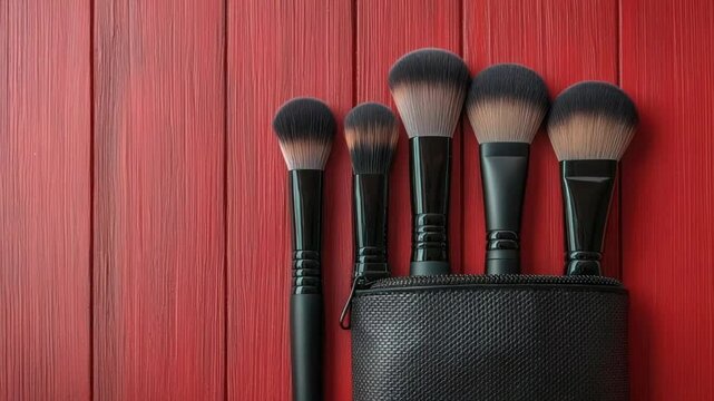Makeup brushes in a black zippered case against a red wood background