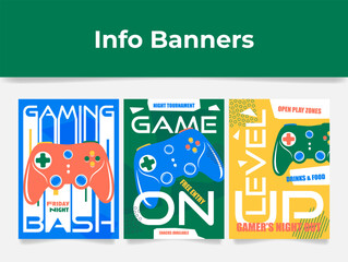 Gaming esport video games event advertising poster design template set vector flat