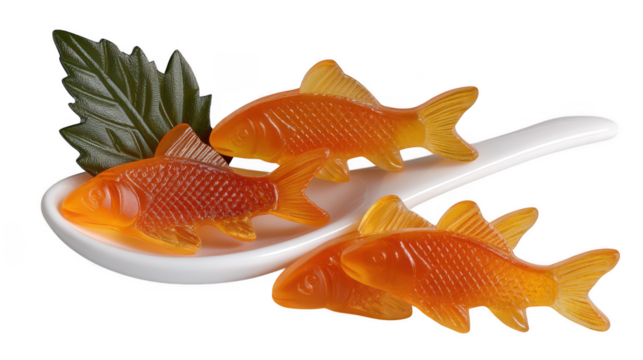 Three orange jelly fish on white spoon with leaf isolated on transparent background