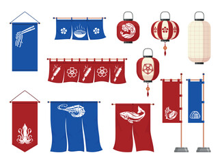 Japanese restaurant curtain flag lamp lantern banner set vector flat illustration