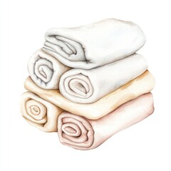 A stack of softly colored, rolled towels sits, depicted in watercolor style