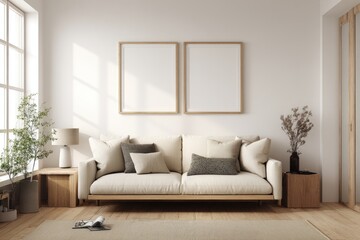 Minimalist living room with beige sofa, wooden side tables, two blank framed prints, and natural light streaming through a window