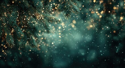 Evergreen boughs adorned with warm-toned fairy lights against a teal bokeh backdrop, suggesting a winter wonderland scene