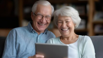 Happy senior couple enjoying tablet together in cozy living room - Powered by Adobe
