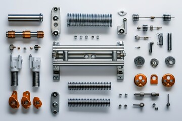 Fototapeta premium Mechanical parts neatly arranged in rows, precision-engineered metal components for industrial machinery and automation systems.