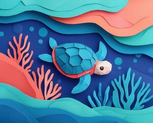 Cute origami sea turtle floating in a vibrant ocean, surrounded by soft glowing coral and gentle waves
