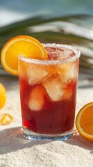 Fototapeta premium A refreshing iced cocktail with vibrant orange slices on a sunny beach, perfect for a tropical getaway and to enjoy under the sun, evoking the essence of summer relaxation.